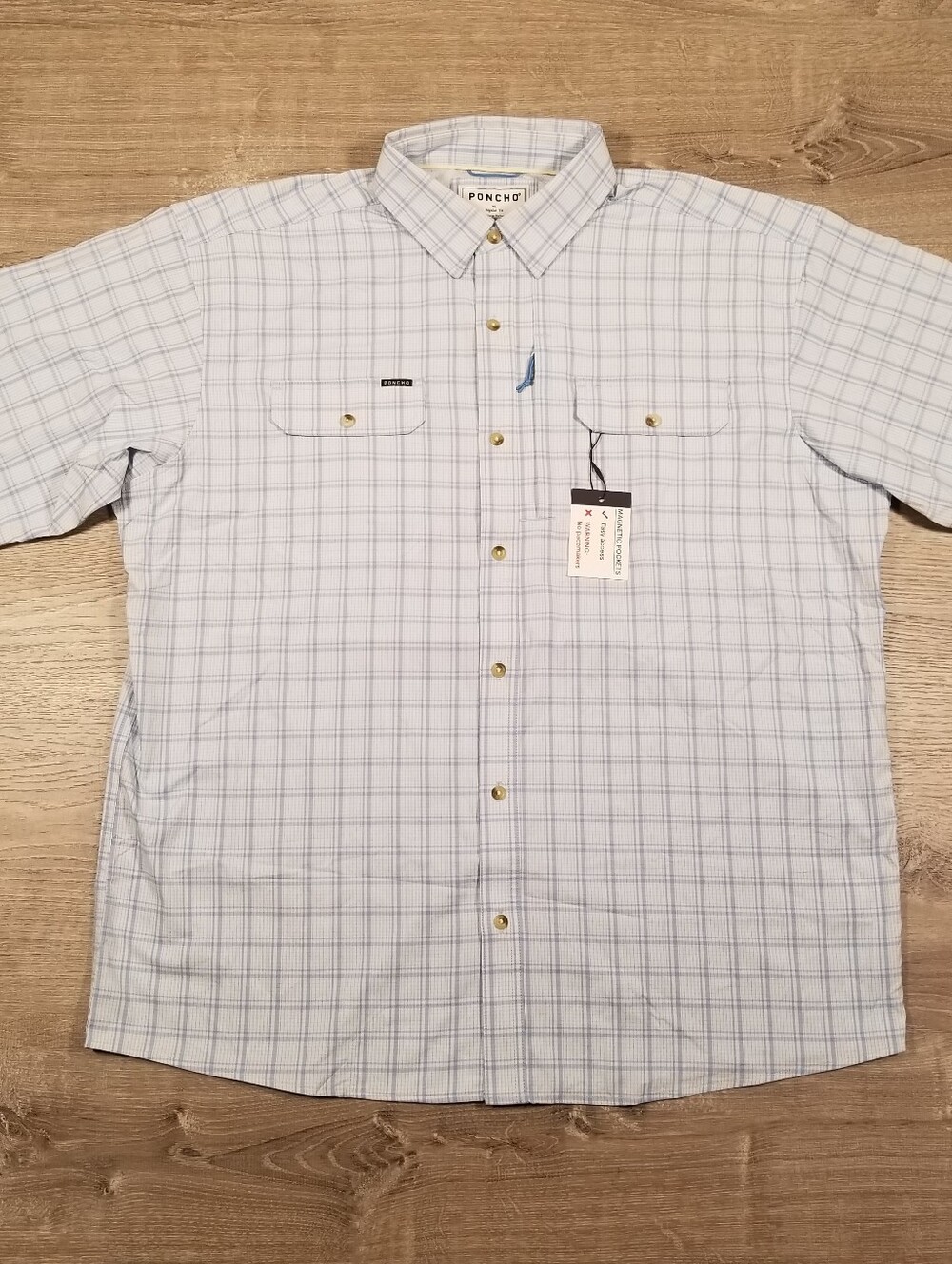 Poncho Regular Fit Shirt Mens XL Short Sleeve Button Up Light Blue Check NWT